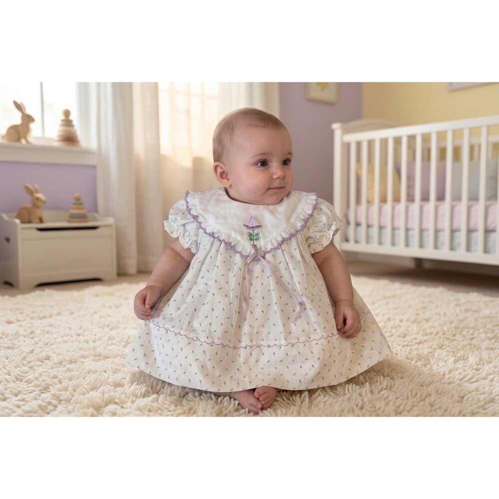 VTG Baby Girls Dress Purple Flowers 3/6 Months Collar W/ Purple Scalloped trim